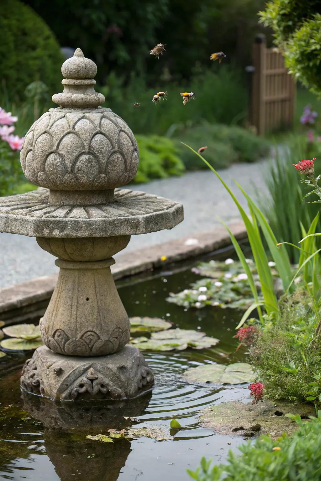 A stone sculpture cleverly designed as a bee watering station.