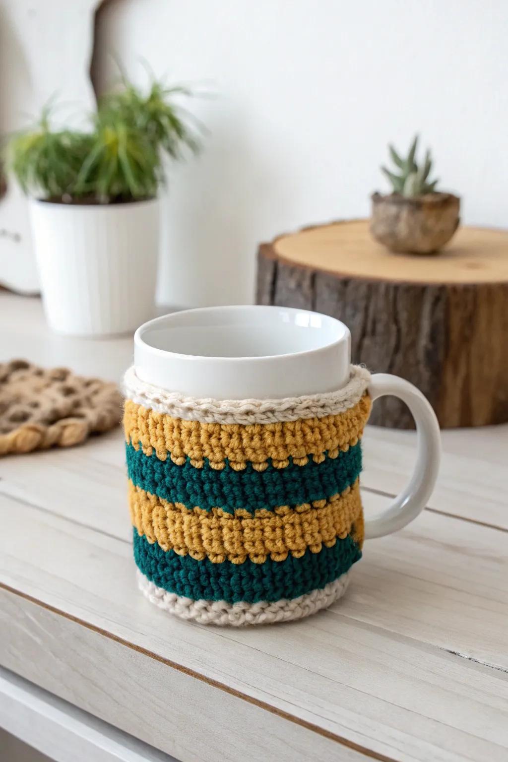 Add a touch of warmth and style to your mornings with an easy-to-knit mug cozy. Perfect for beginners!