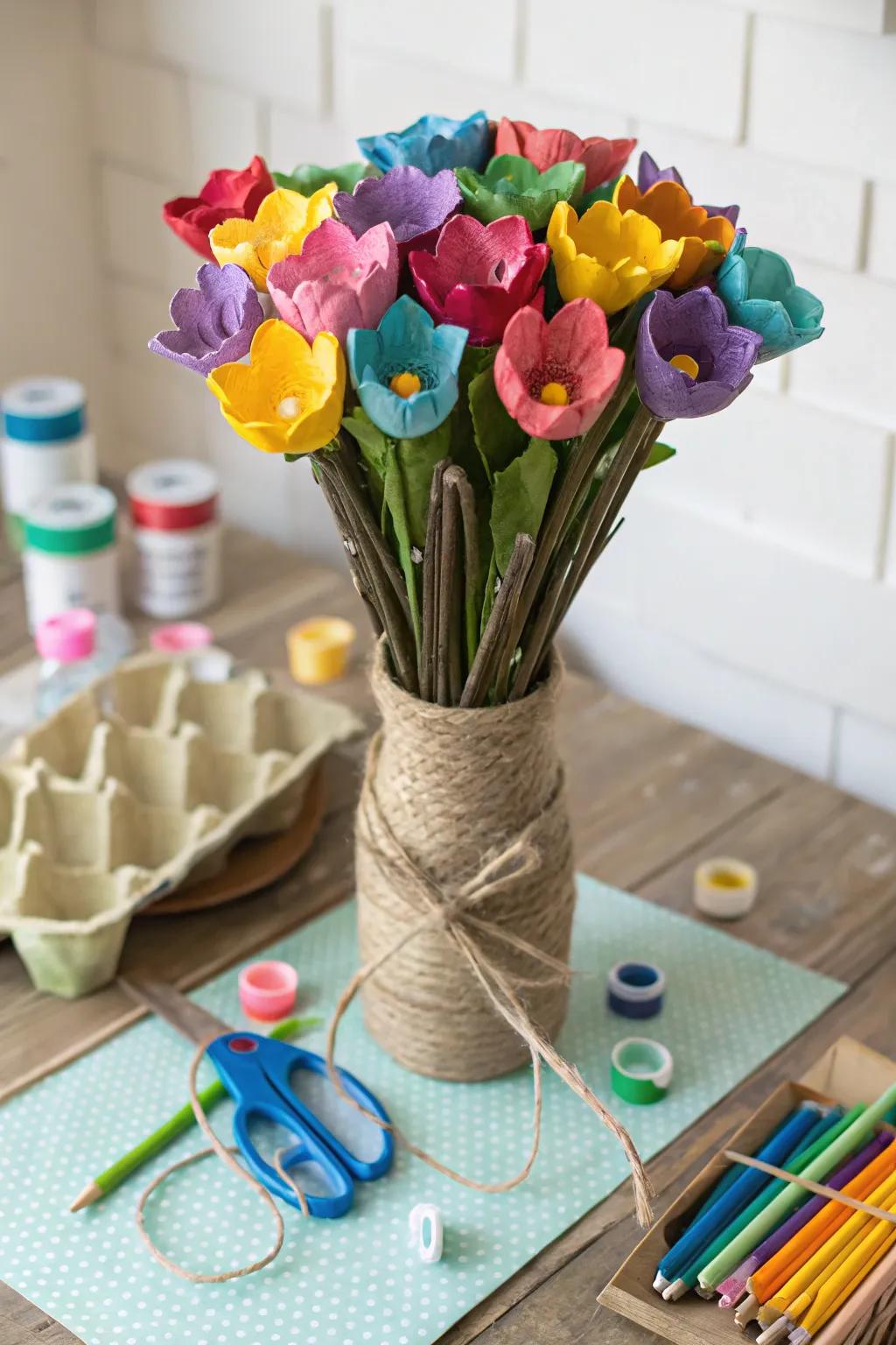 Egg carton flowers adding a splash of color.