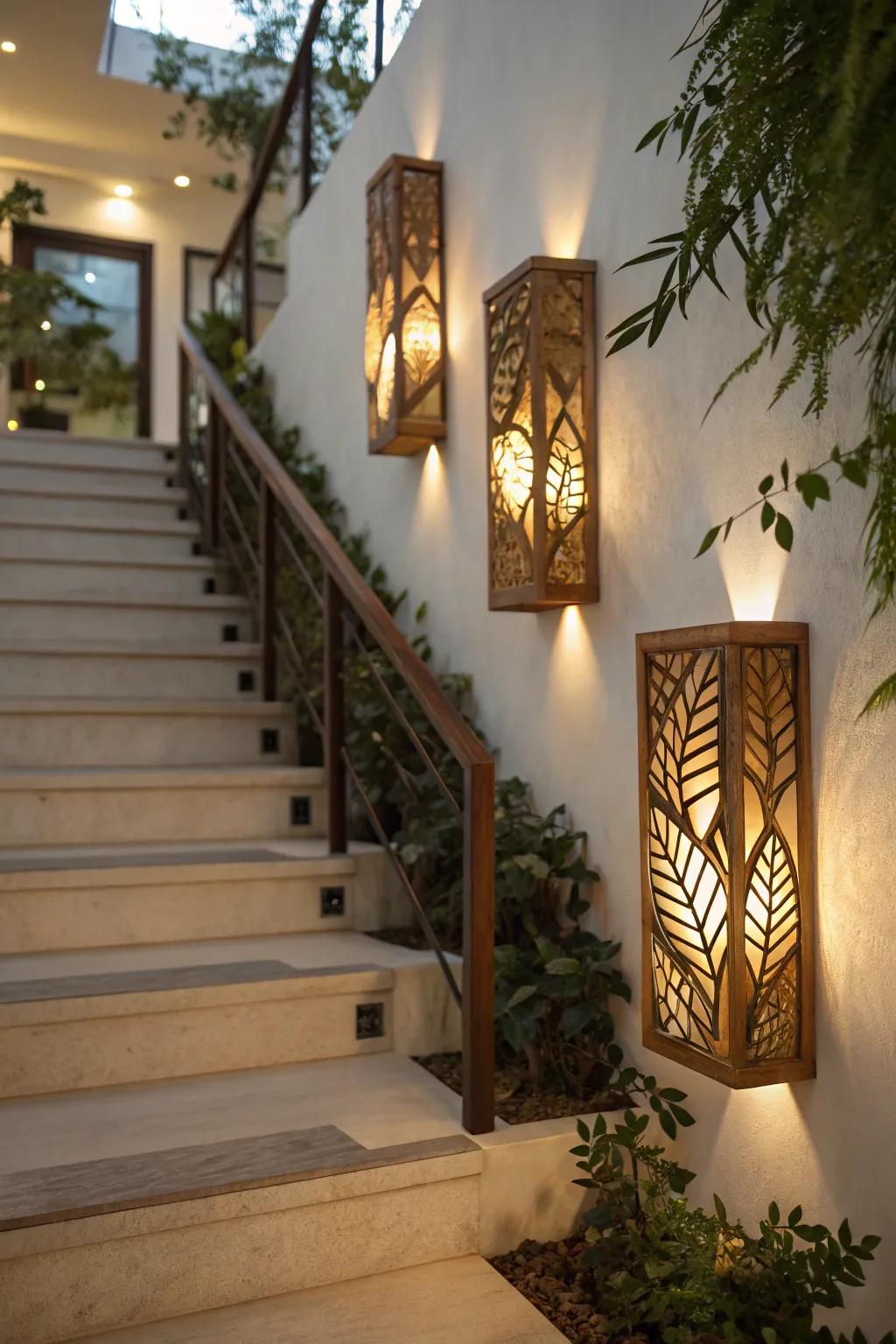 Nature-inspired sconces add a whimsical touch to staircases.