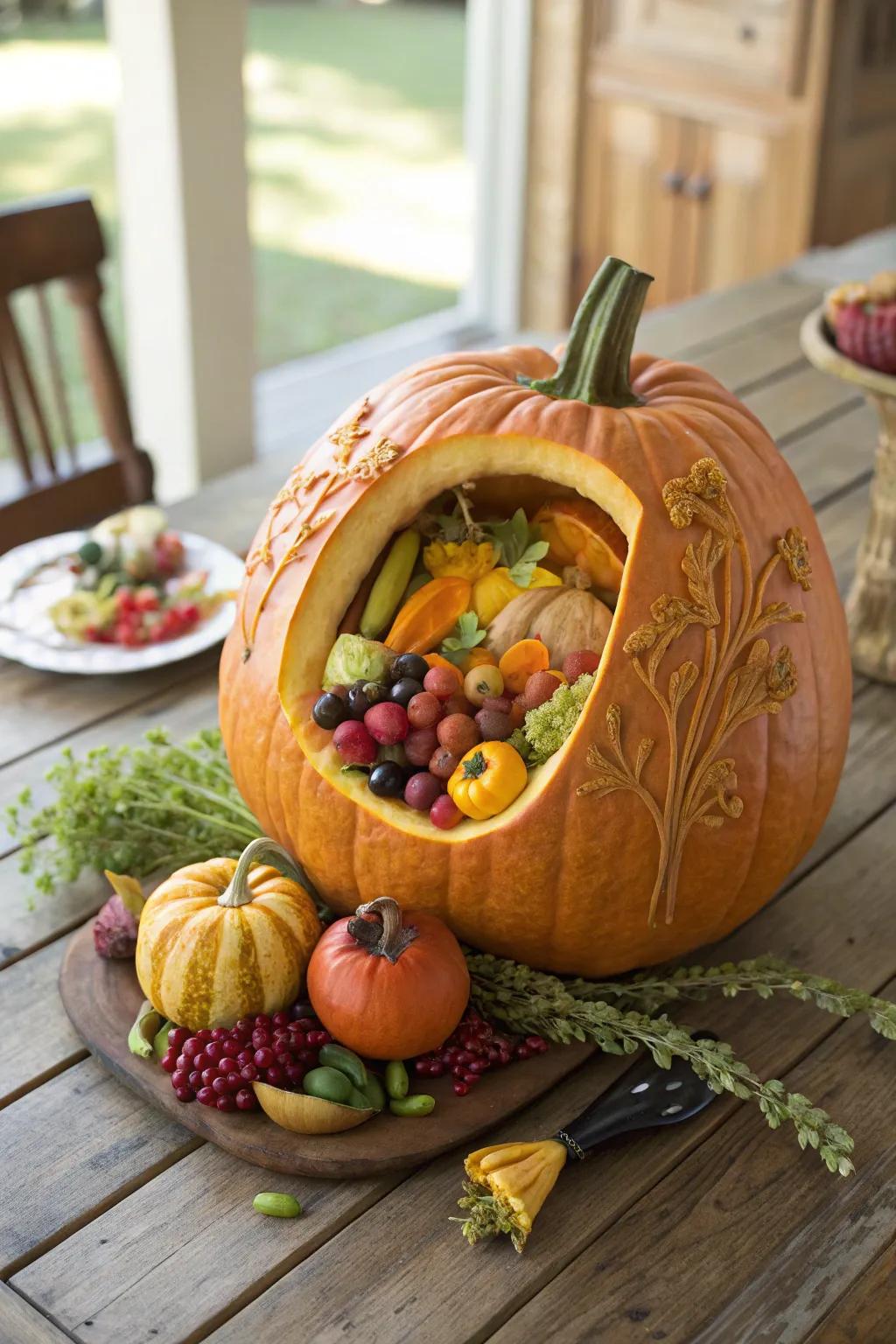 Celebrate the harvest with this abundant cornucopia pumpkin carving.