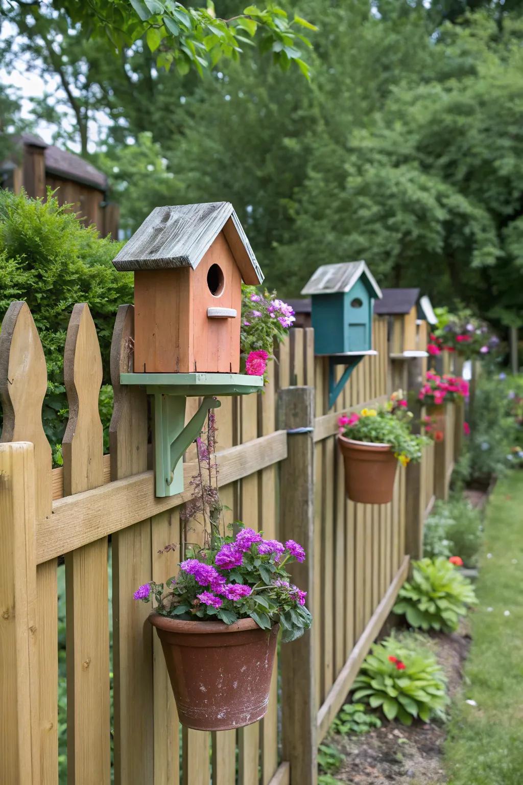 Turn your fence into a charming feature with mounted birdhouses.