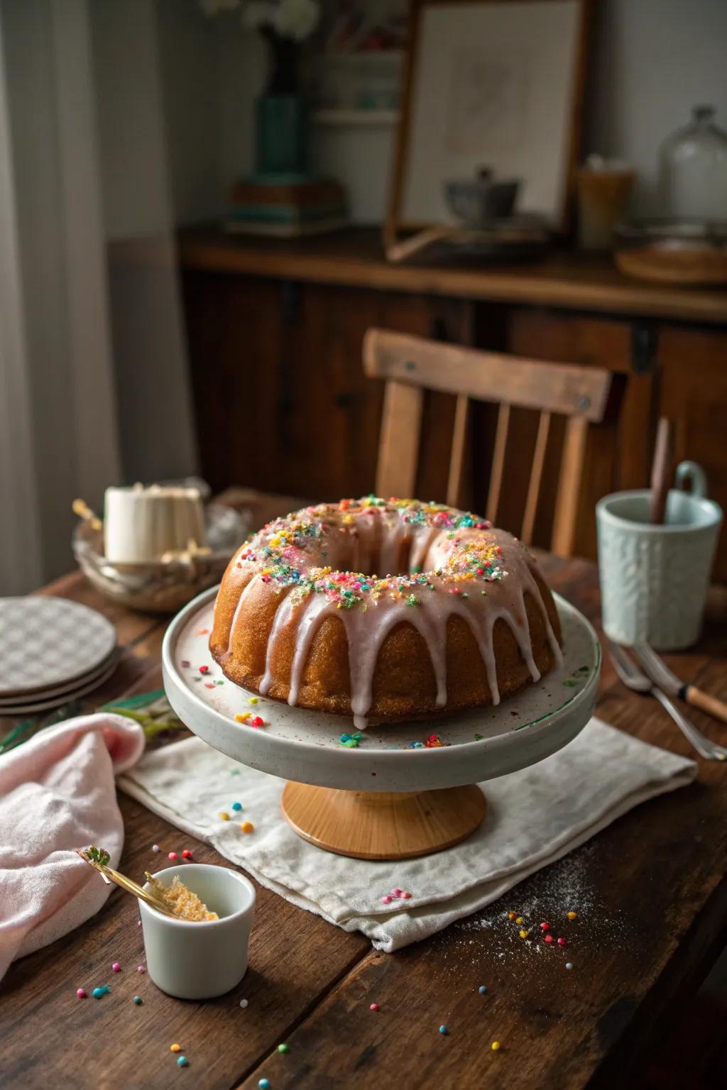 A glazed bundt cake, simple yet elegant in its presentation.