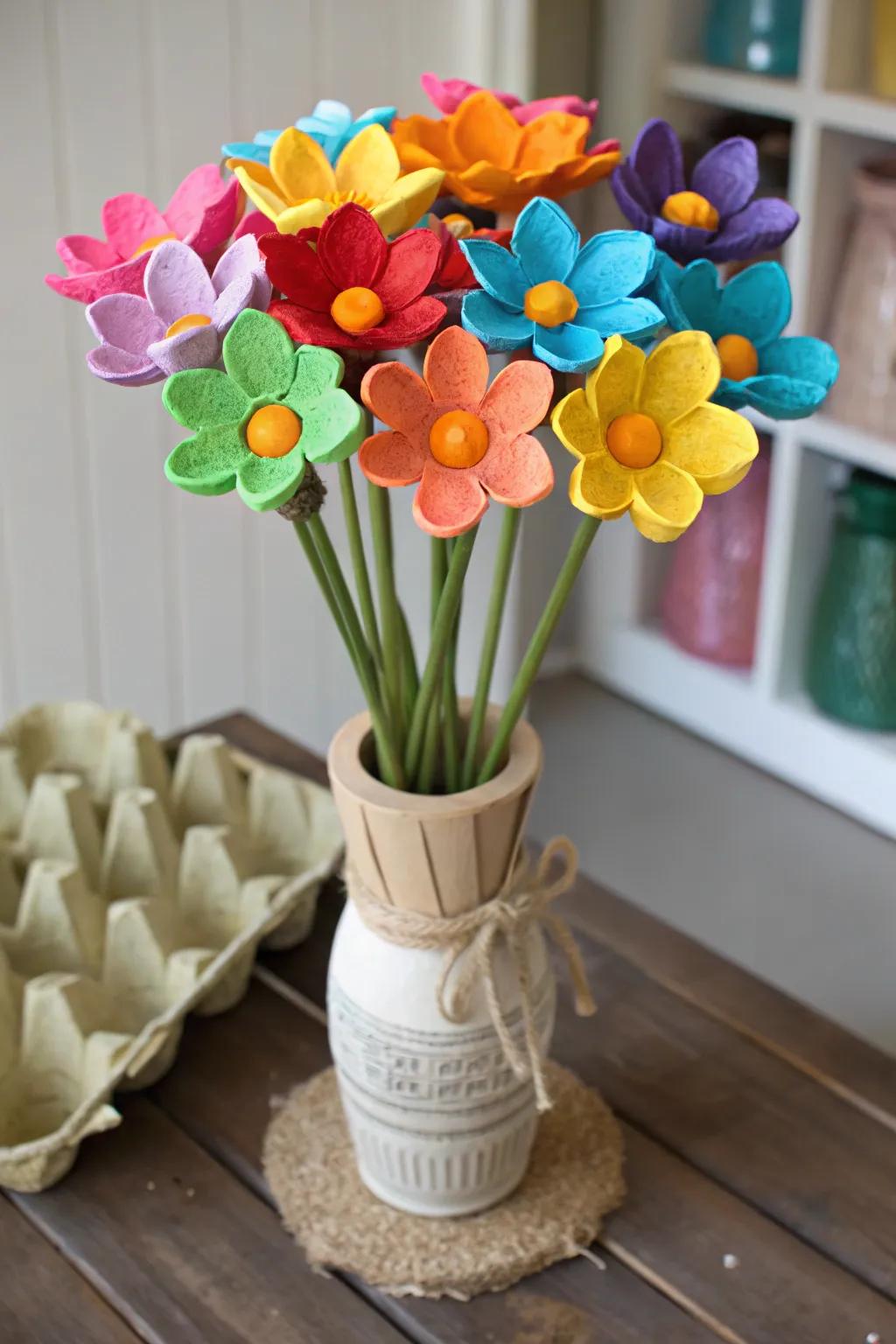 Eco-friendly egg carton flowers, a beautiful craft for little ones.