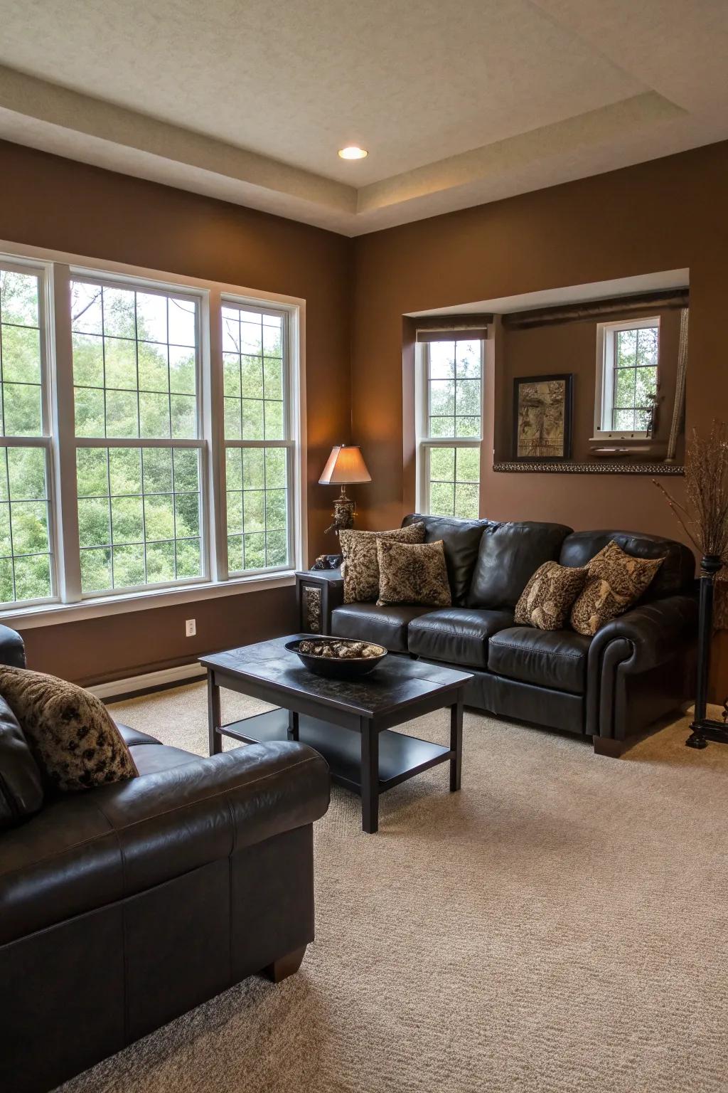 Brown walls create a warm, inviting background.