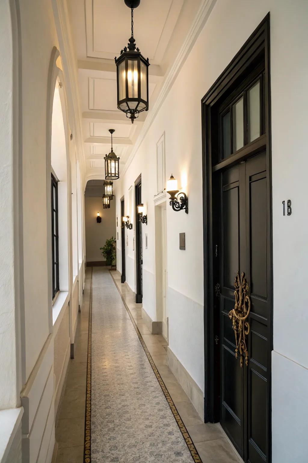 Black fixtures add a touch of modern minimalism to this hallway.