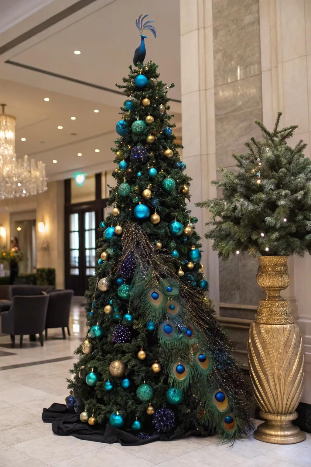 A peacock-colored black Christmas tree with vibrant blues, greens, and purples.