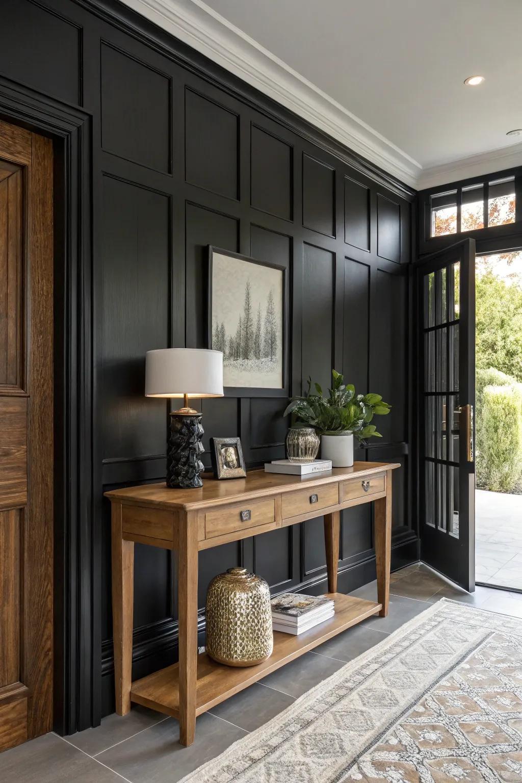 An inviting entryway featuring black paneling and warm wooden accents.