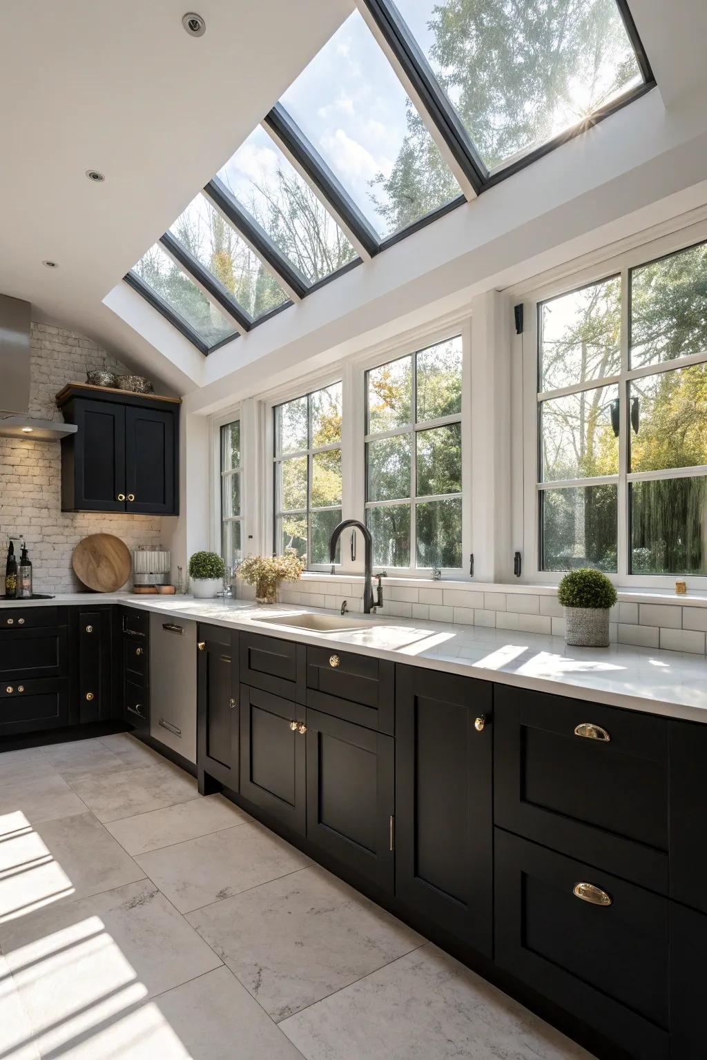 Abundant natural light enhancing the beauty of a kitchen with black cabinetry.