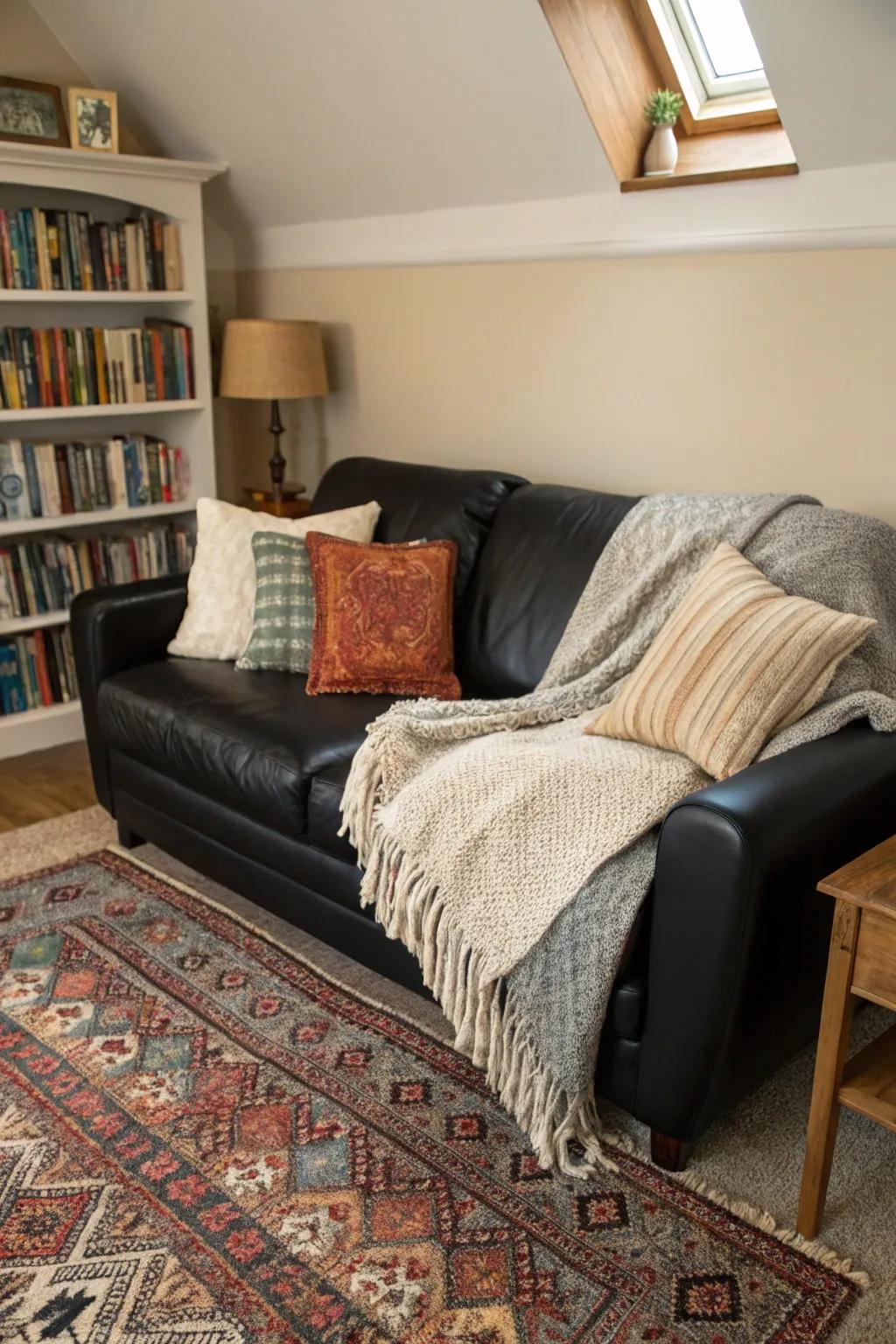 A cozy nook with layered rugs and soft blankets complements the black leather sofa.