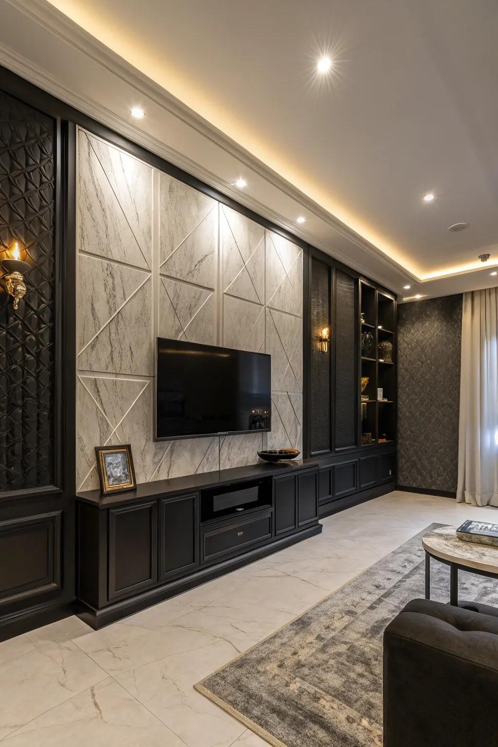 A luxurious living room with a mix of black wall finishes.