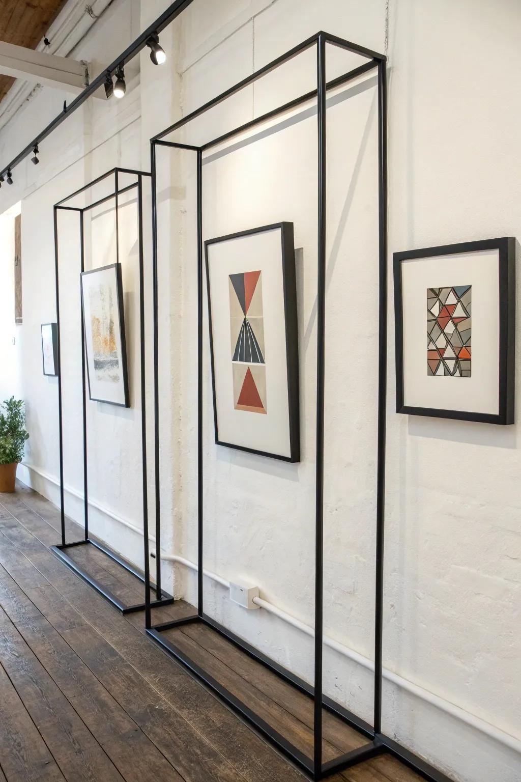 Sleek black metal frames with minimalist art on display.