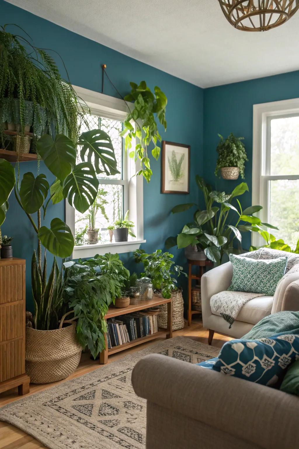 A vibrant living room with a blue accent wall adorned with green plants.