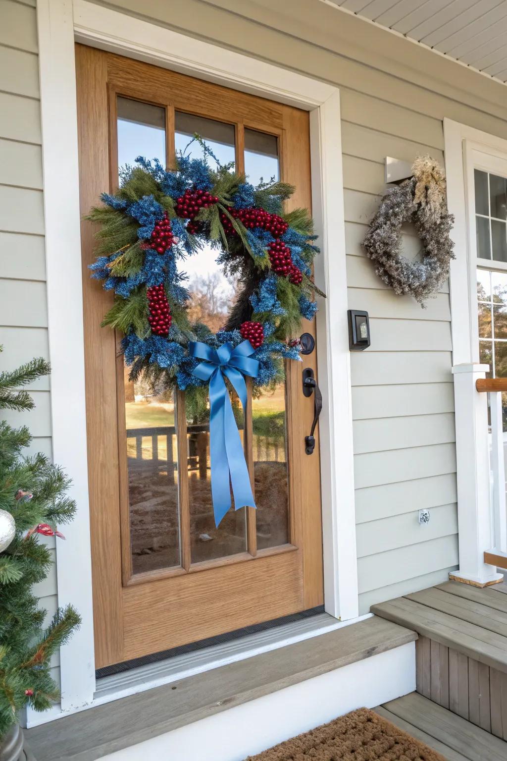 A welcoming blue-themed wreath greets guests with festive cheer.