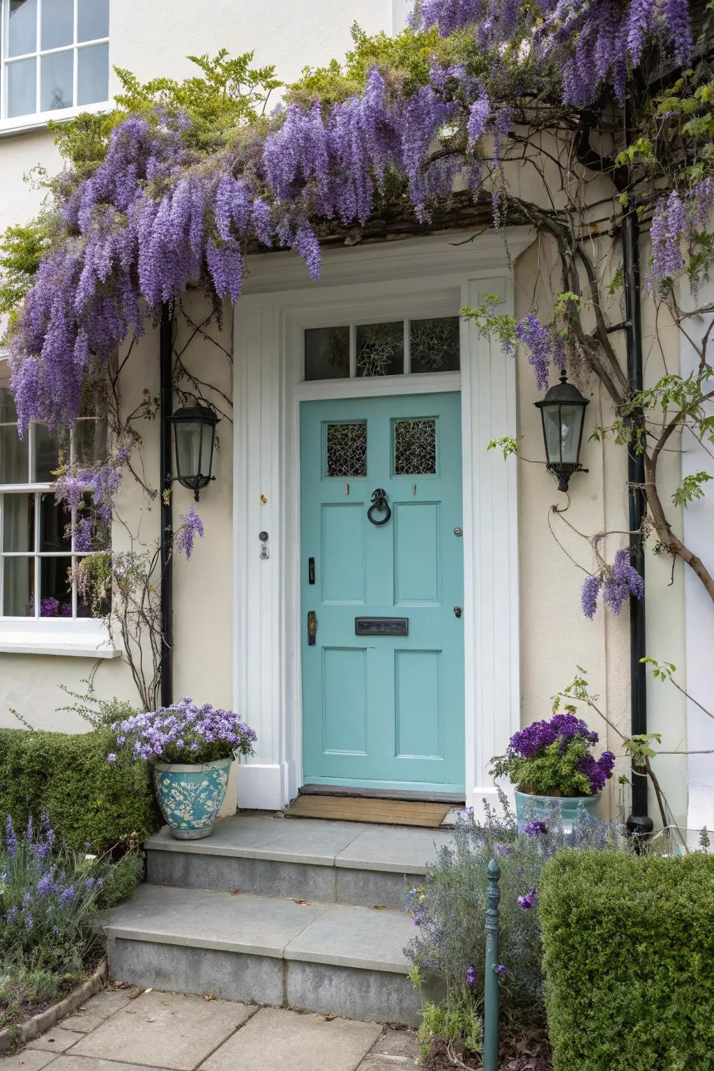 Robin's egg blue doors add playful charm to any facade.