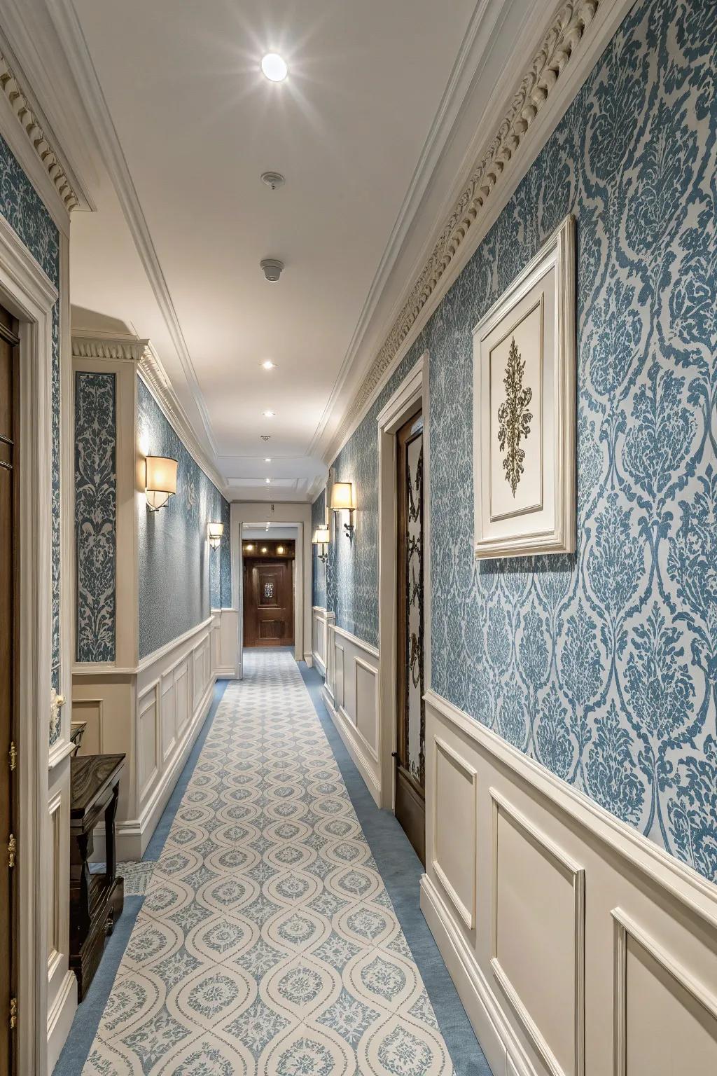 Blue wallpaper adds texture and elegance to your hallway.