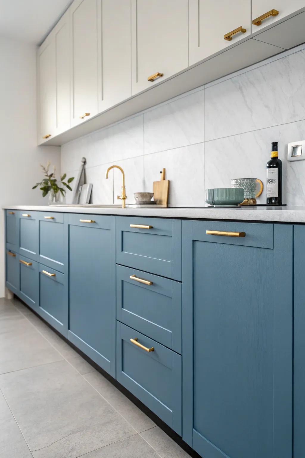 Sleek blue cabinets with gold handles create a minimalist and modern kitchen aesthetic.