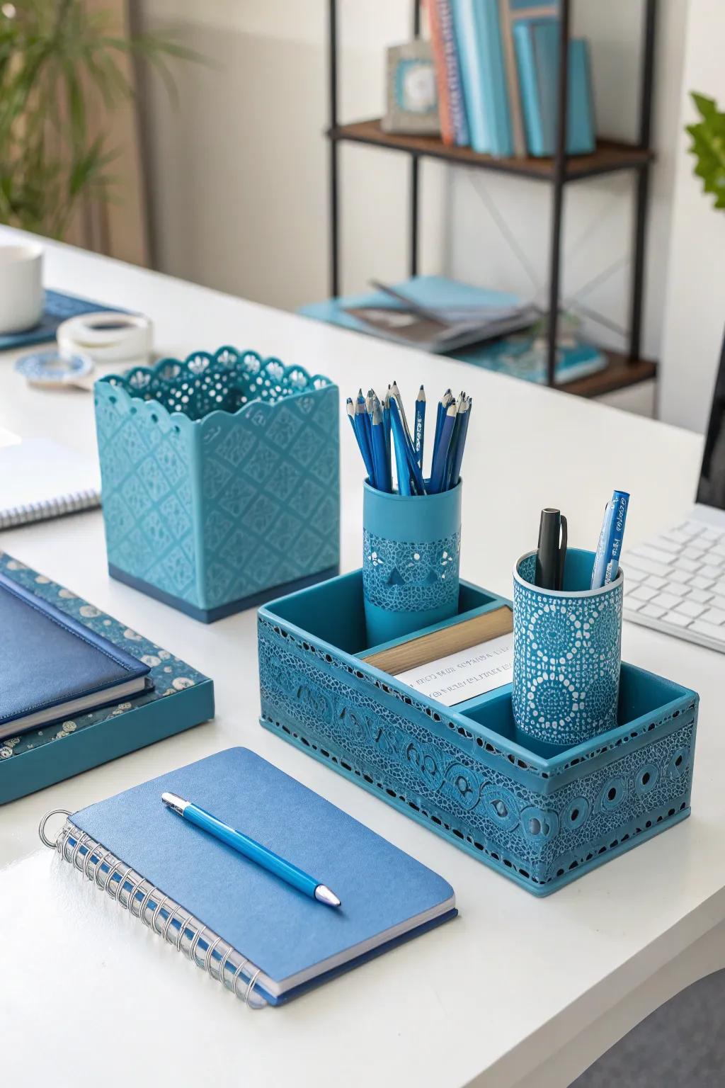 Blue accessories subtly enhance the office theme.