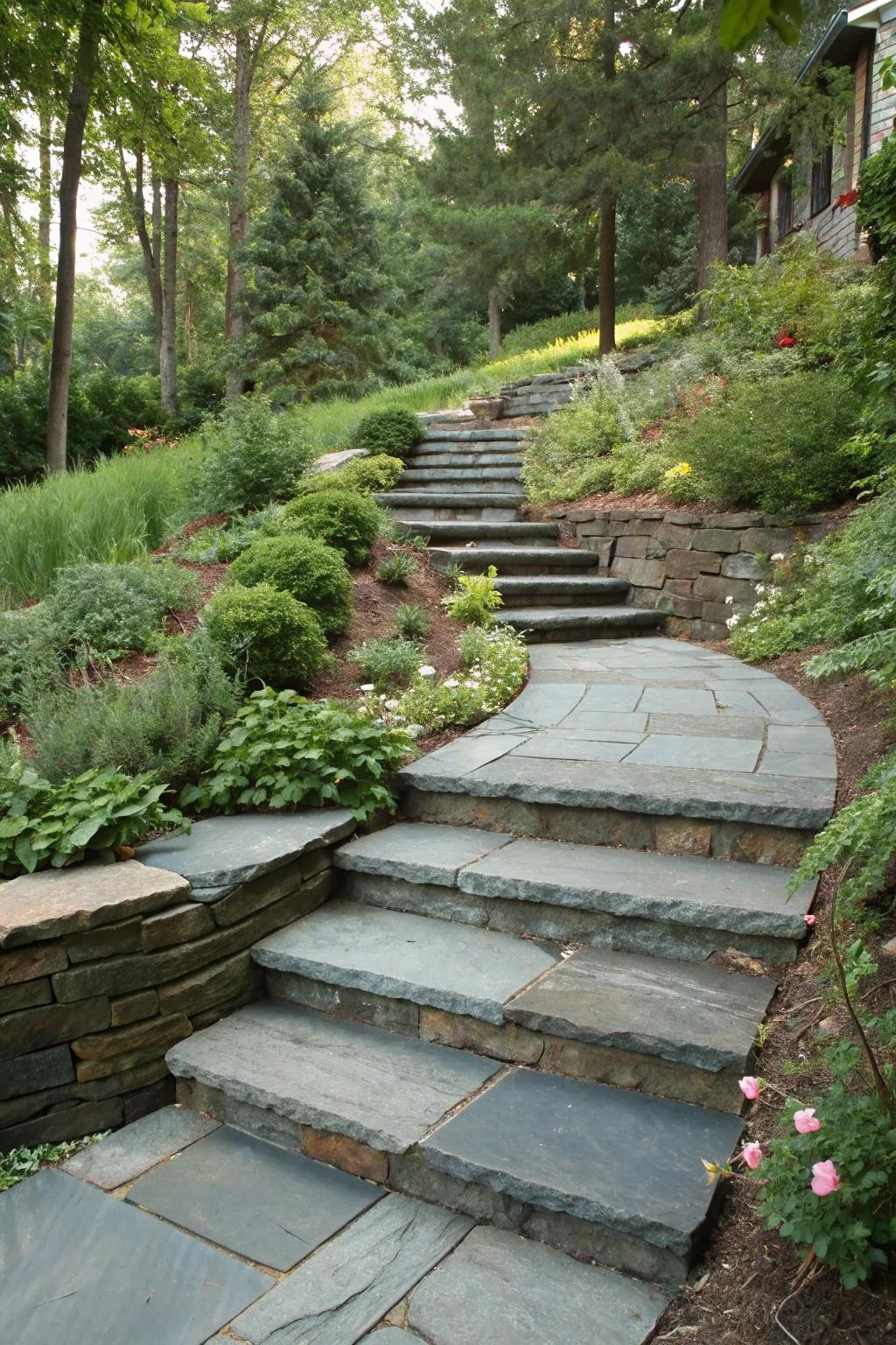 Multi-level bluestone paths enhance both function and design in sloped areas.