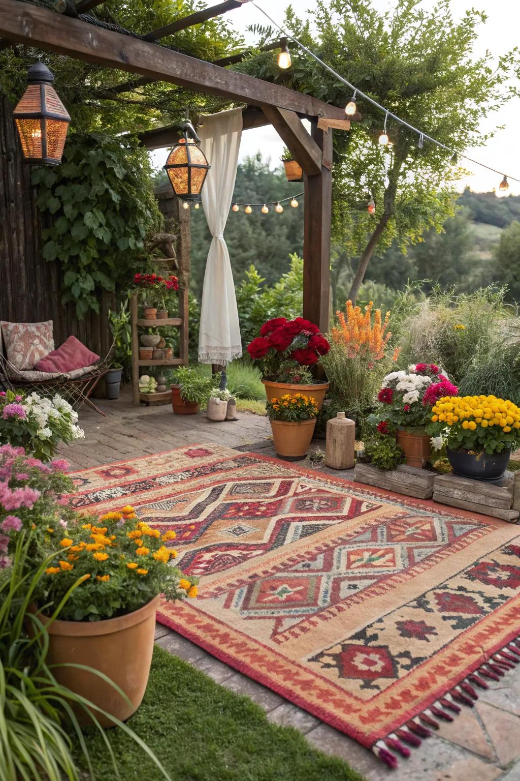 An inviting outdoor rug in a bohemian garden setting.