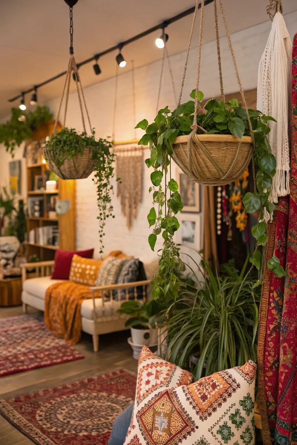 Hanging baskets provide vertical interest in boho decor.