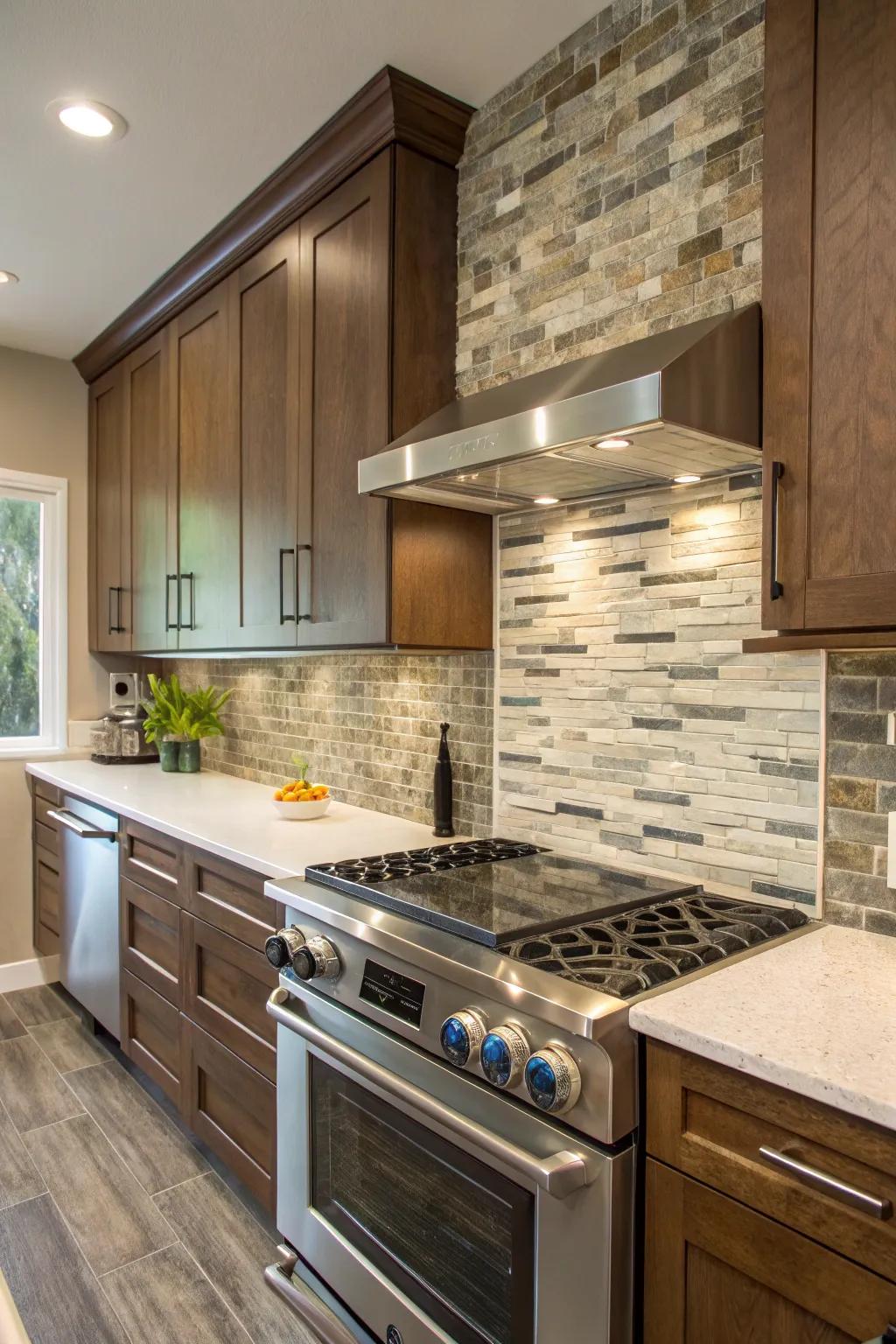 A mixed material backsplash creates a dynamic visual experience.