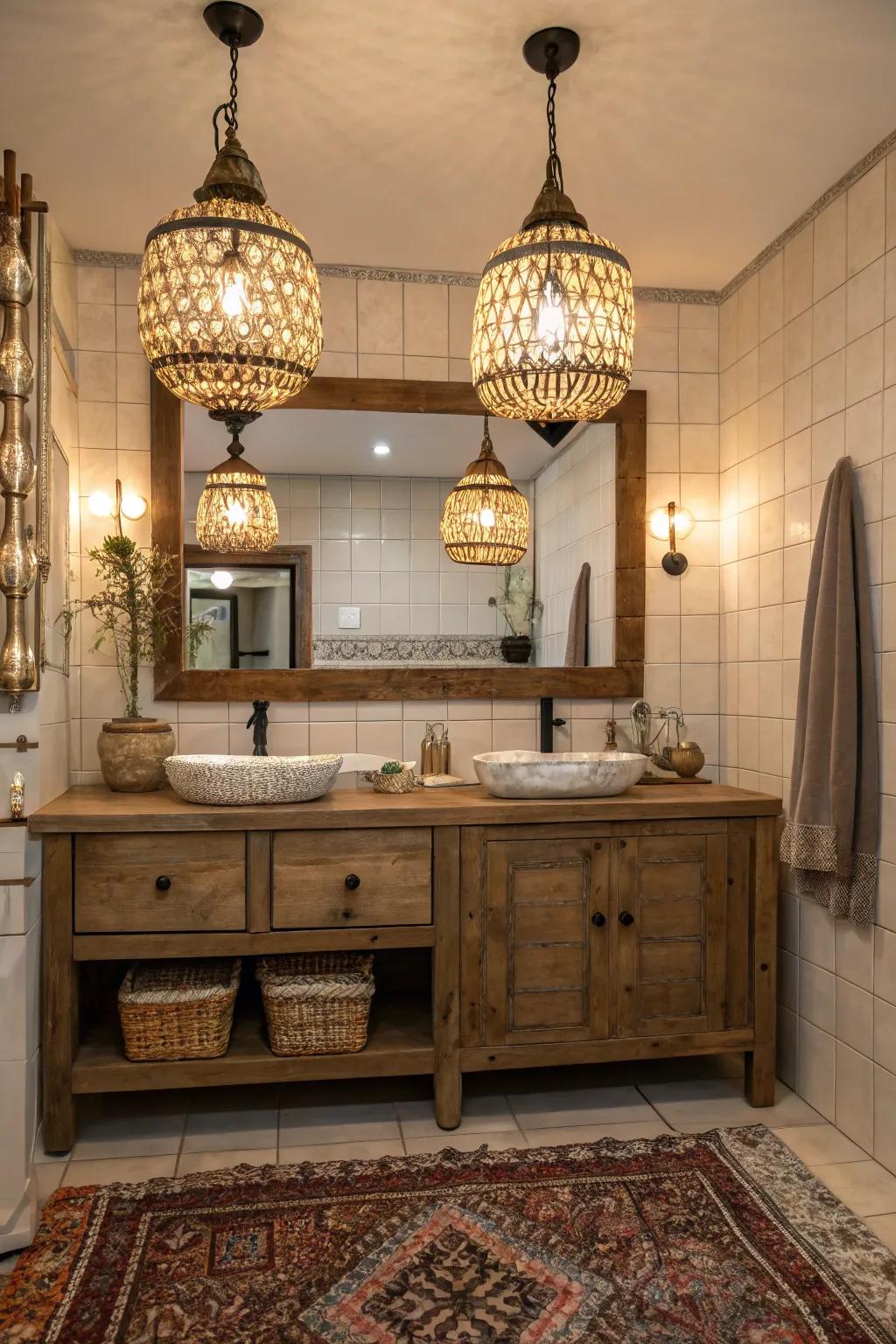 Bohemian light fixtures create a warm and enchanting atmosphere.