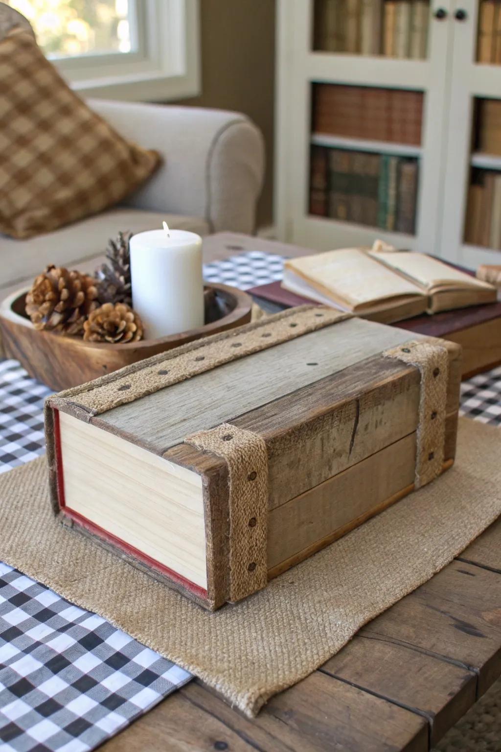 A rustic charm book box adds warmth to your home.