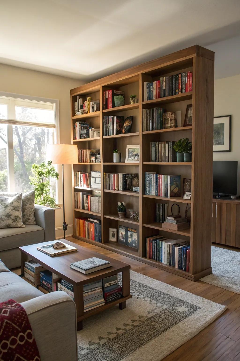 Bookshelves as dividers create distinct spaces.