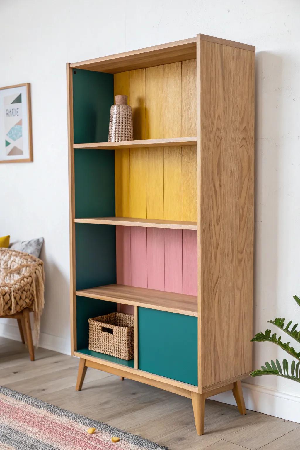 Transform your space with a bold color-blocked bookshelf that combines Scandinavian simplicity with a pop of vibrant hues.