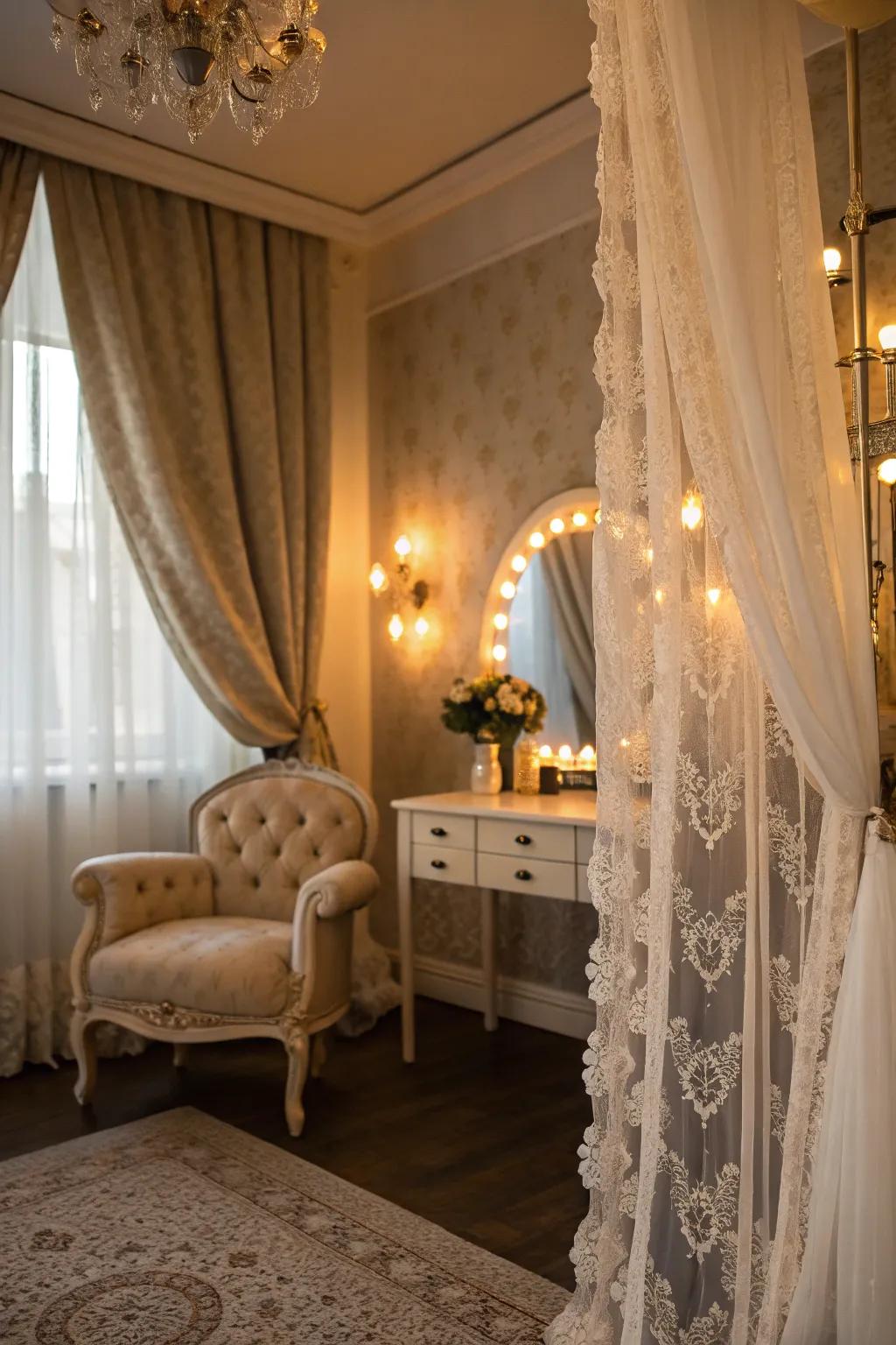 Lace curtains infuse vintage glamour into your boudoir.