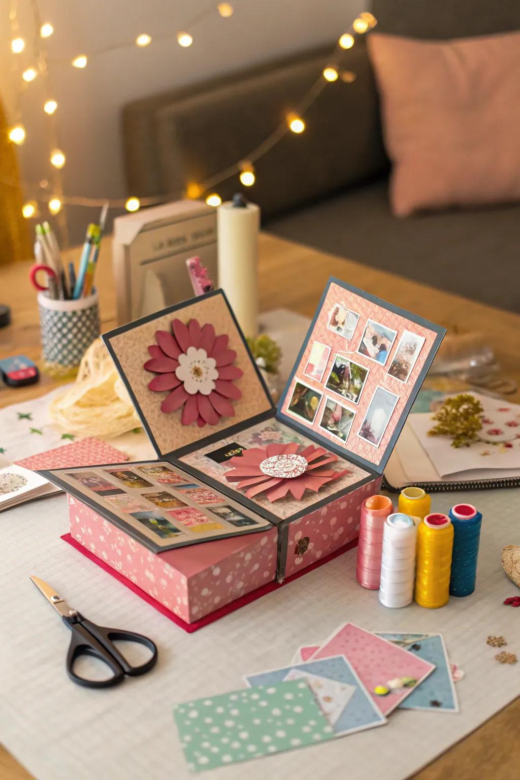 An explosion box transformed into a mini scrapbook.