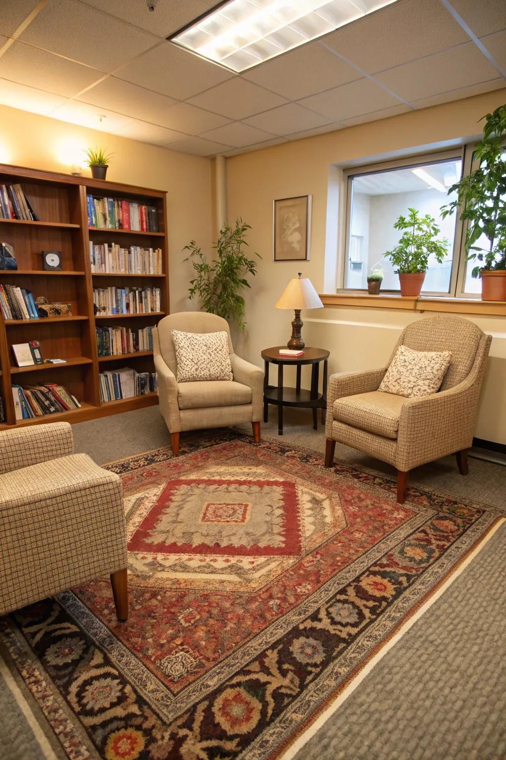 Rugs add warmth and define spaces in your break room.