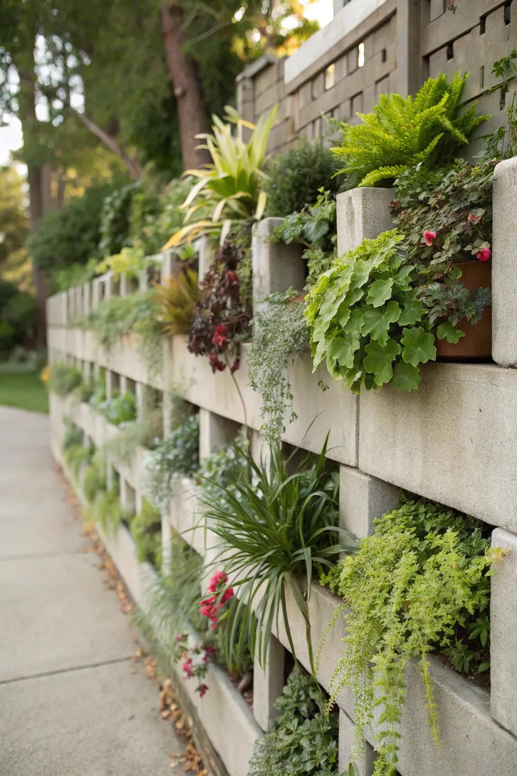 A vertical garden integrated into a breeze block wall.