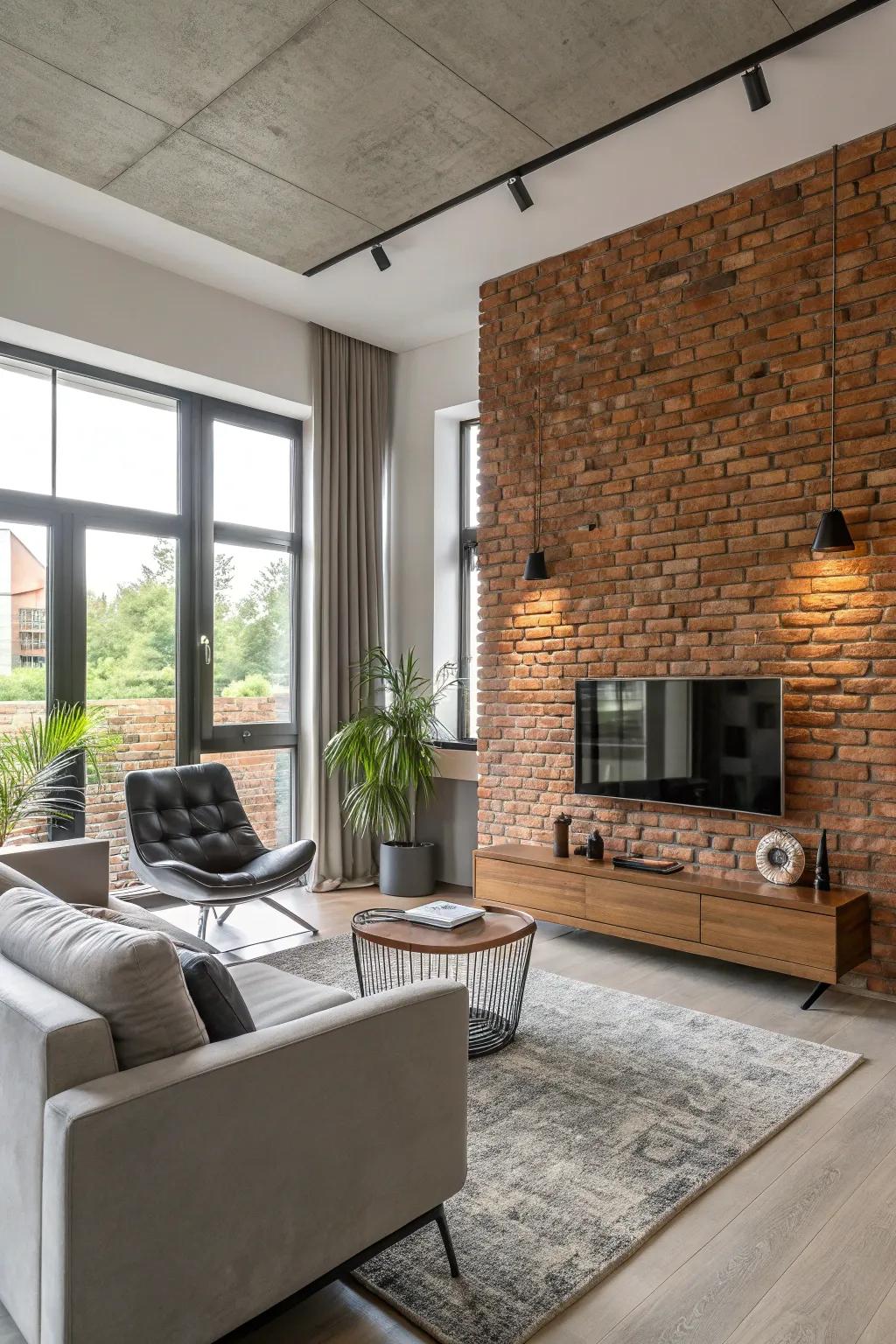 A striking feature wall in brick adds character.