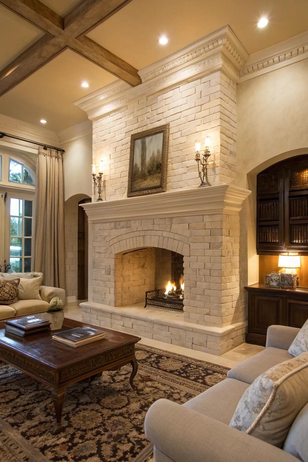 Timeless elegance with a limewashed brick fireplace.