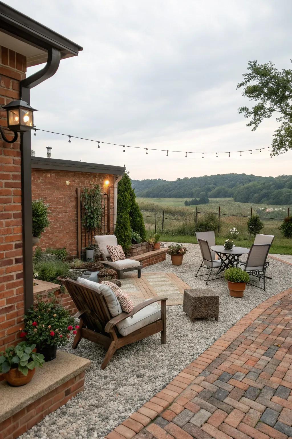 Combine brick and gravel for a relaxed, natural patio look.