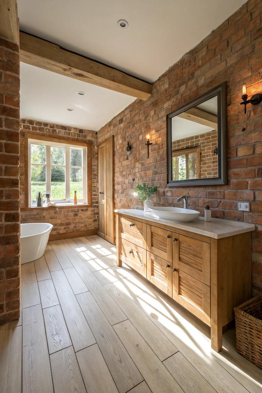 A striking contrast between brick walls and light flooring enhances the space.