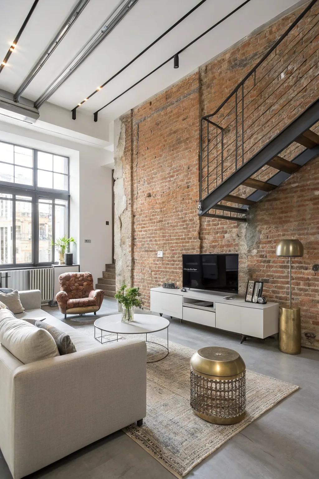 Sleek modern elements contrast beautifully with the rustic charm of the brick wall.