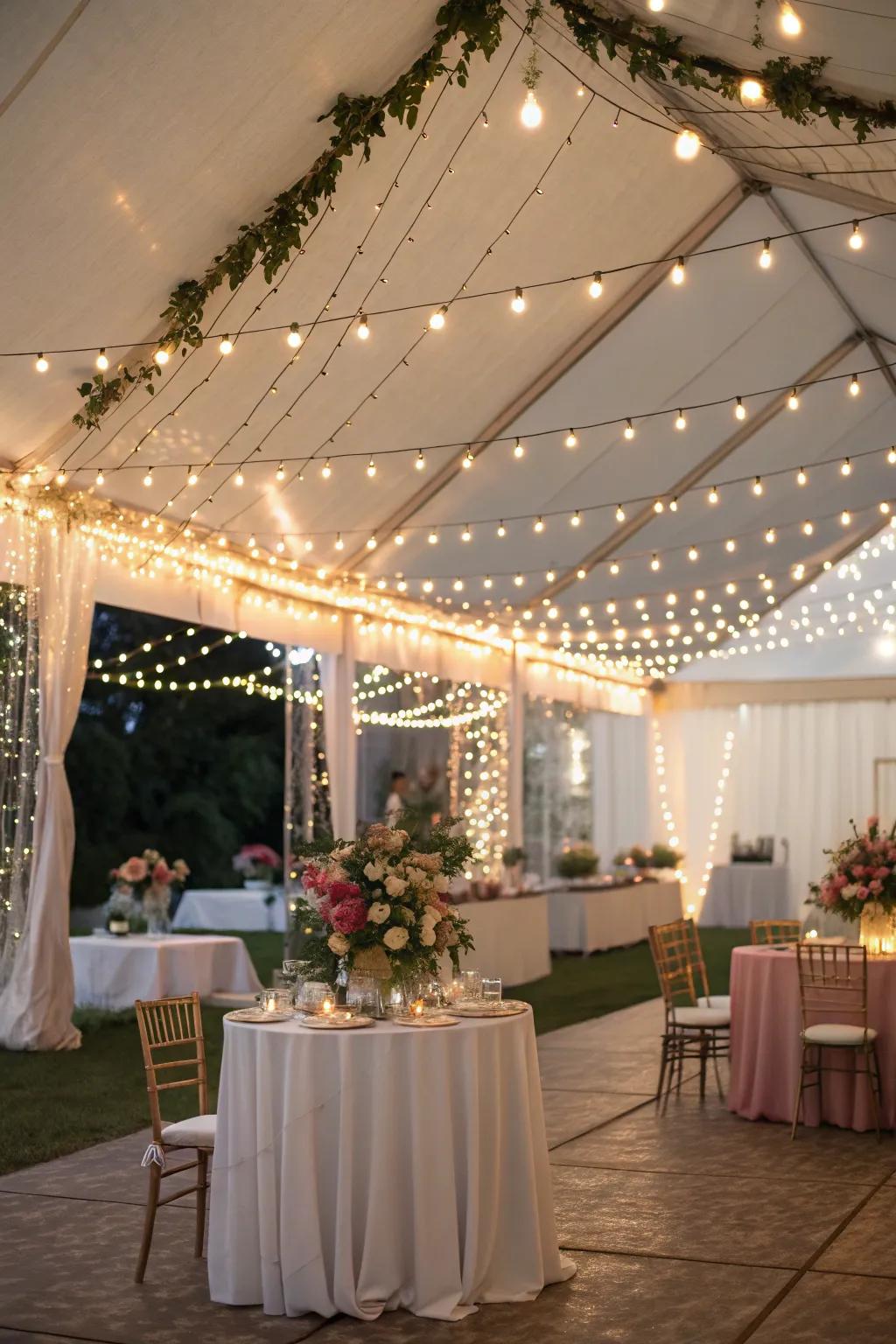 String lights create a warm and inviting atmosphere for evening showers.