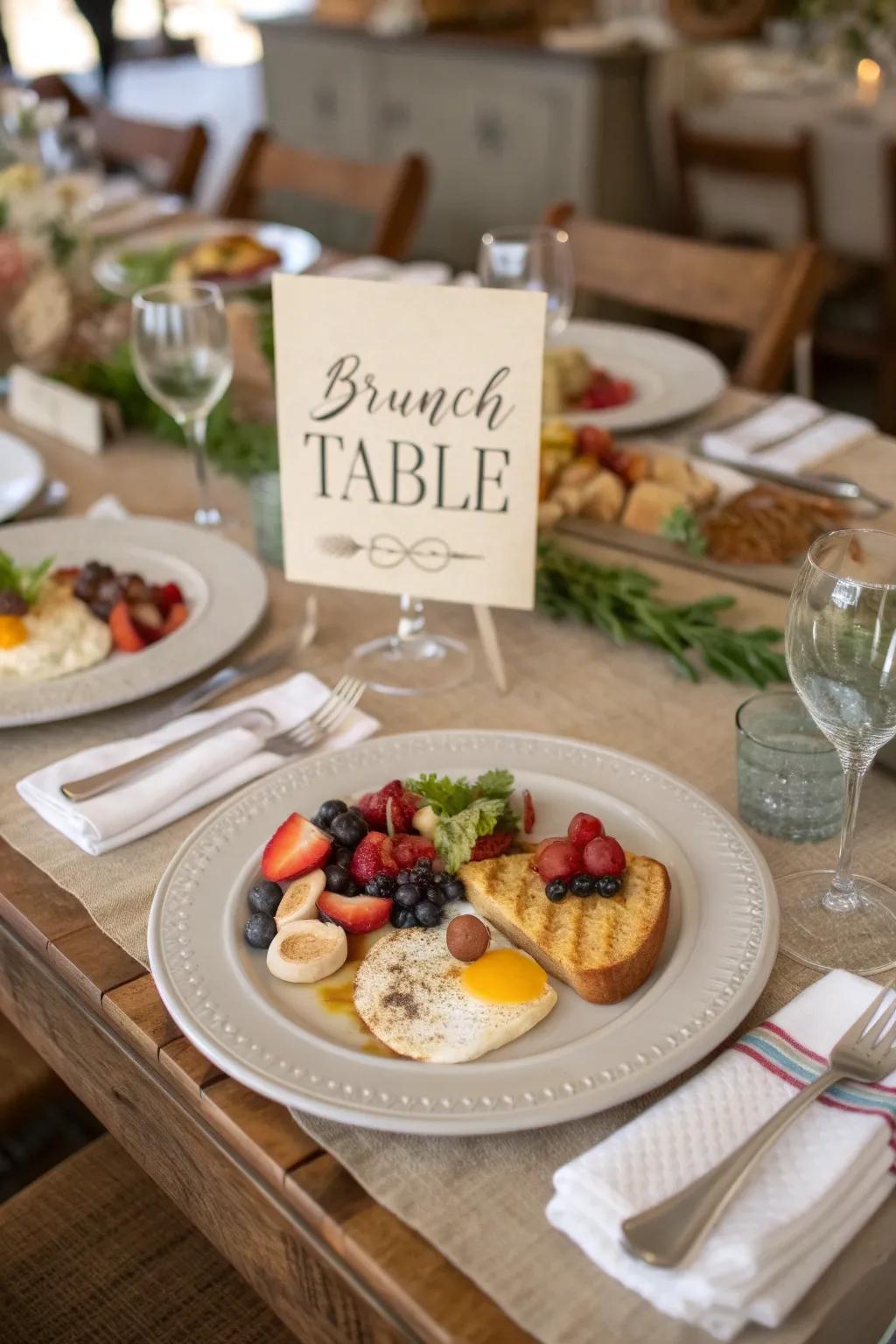 A brunch table featuring personalized menus on each plate.