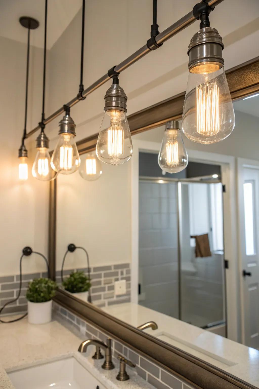 Industrial style brushed nickel lighting with exposed bulbs above a bathroom mirror.