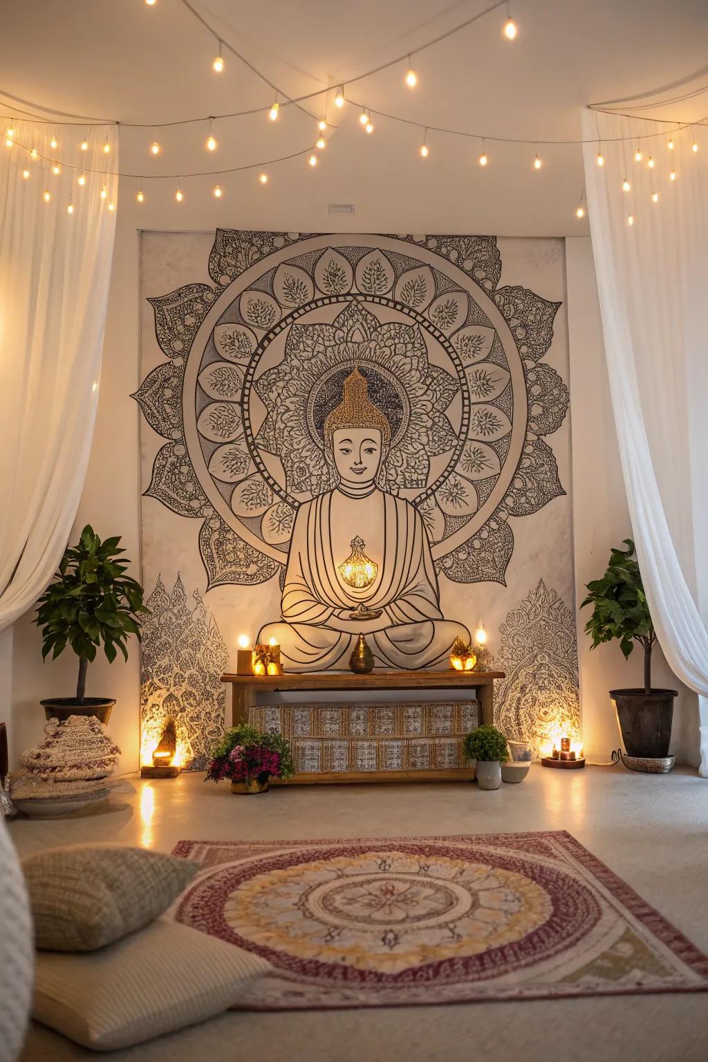 Buddha painting with mandala patterns enhances the spiritual decor of this meditative space.