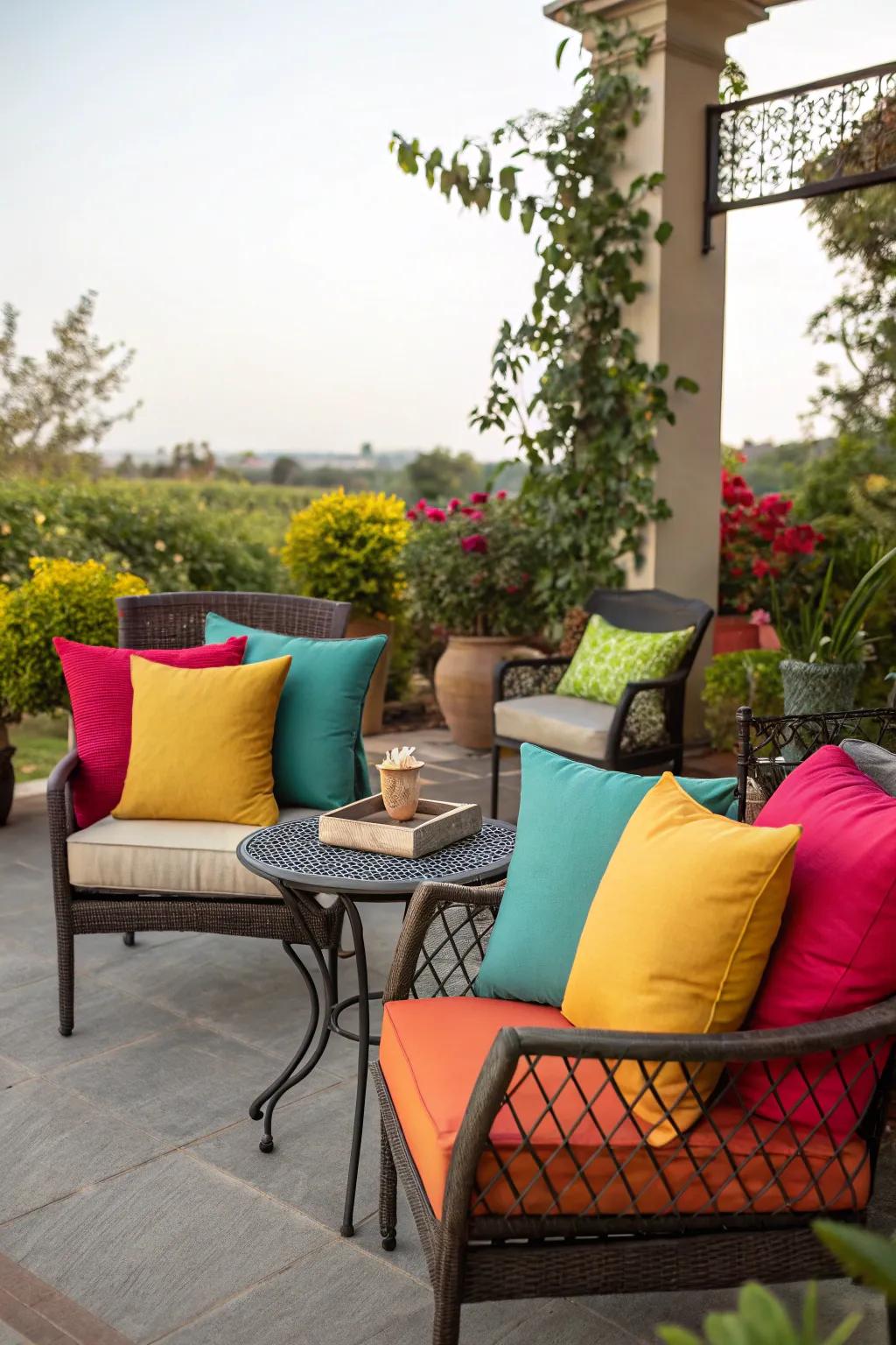 Seasonal pillows add a pop of color and style to outdoor furniture.