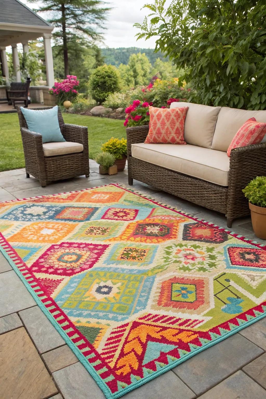 Outdoor rugs add warmth and style to any patio.