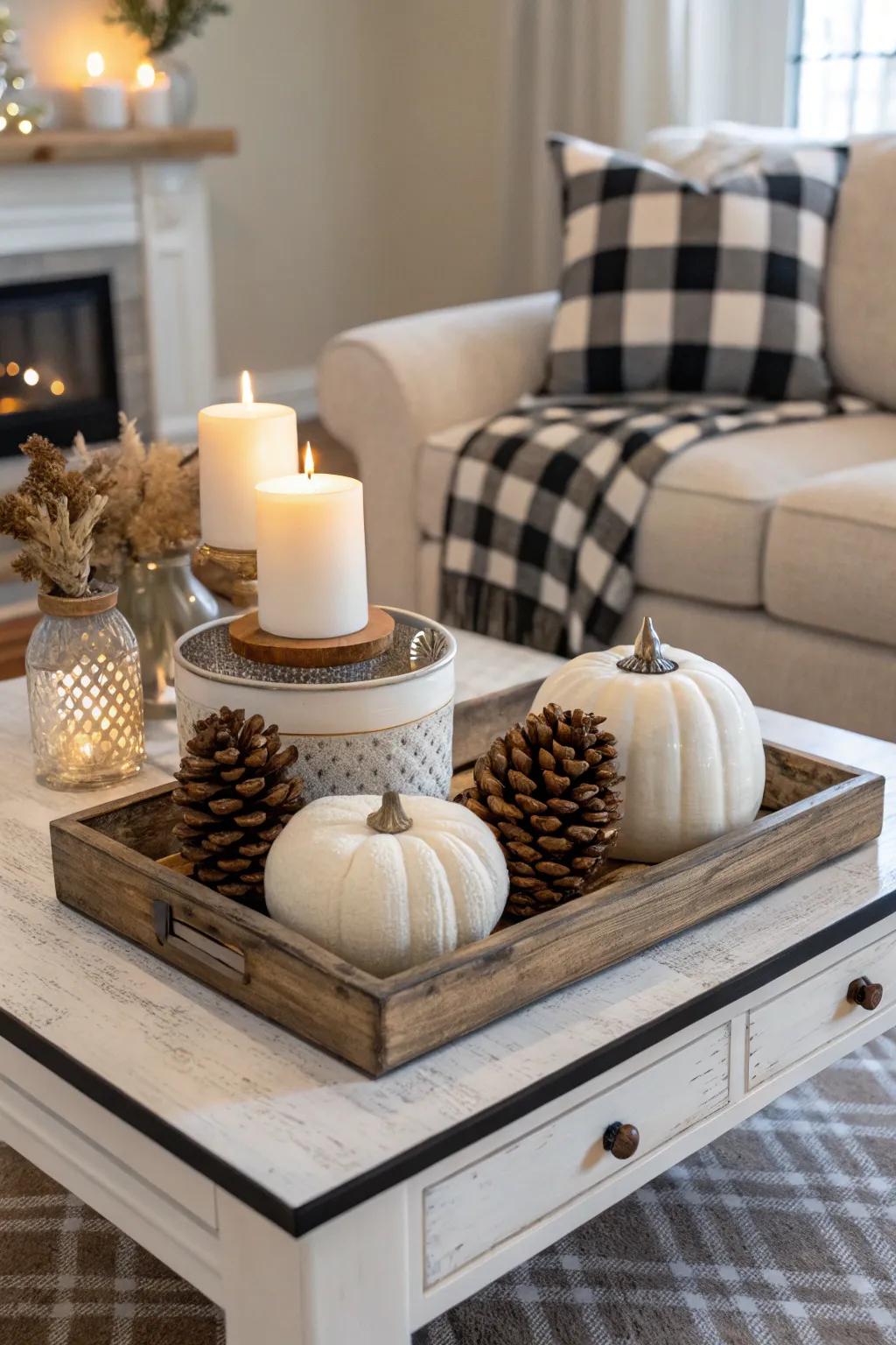 Buffalo plaid accents on a coffee table add a subtle touch of style.