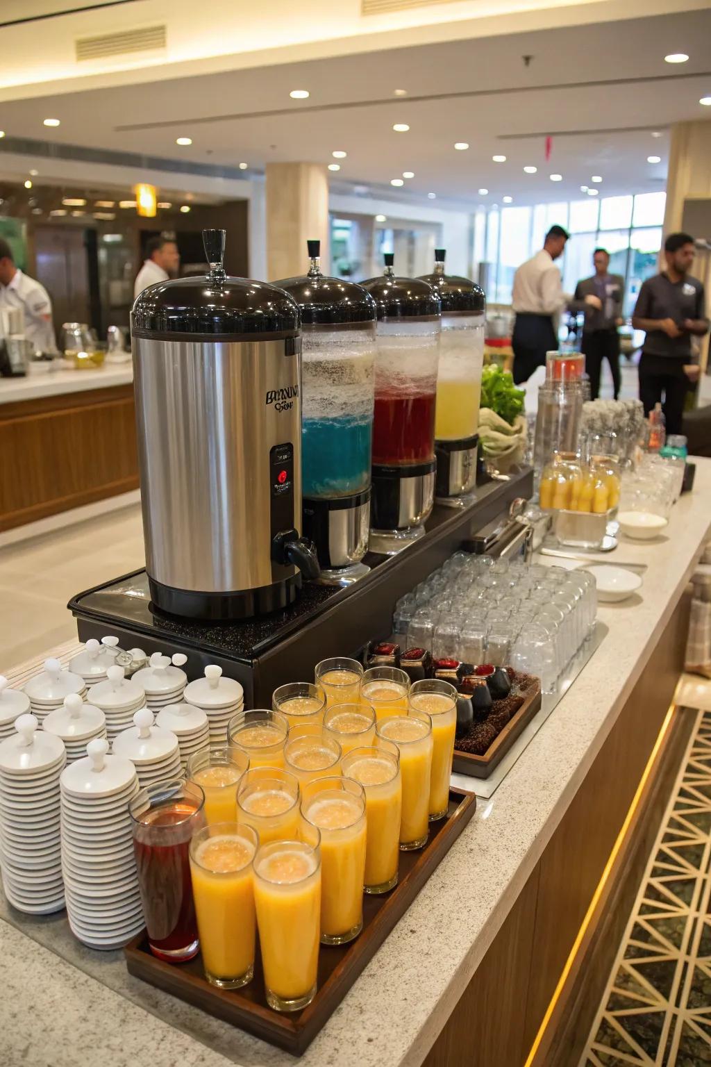 Separate drink stations prevent spills and clutter.