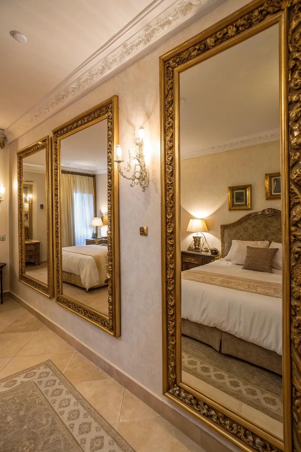 Gold-framed mirrors that enhance space and elegance.