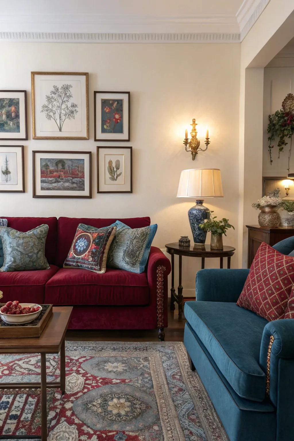 Burgundy and blue create a harmonious and refreshing living room palette.