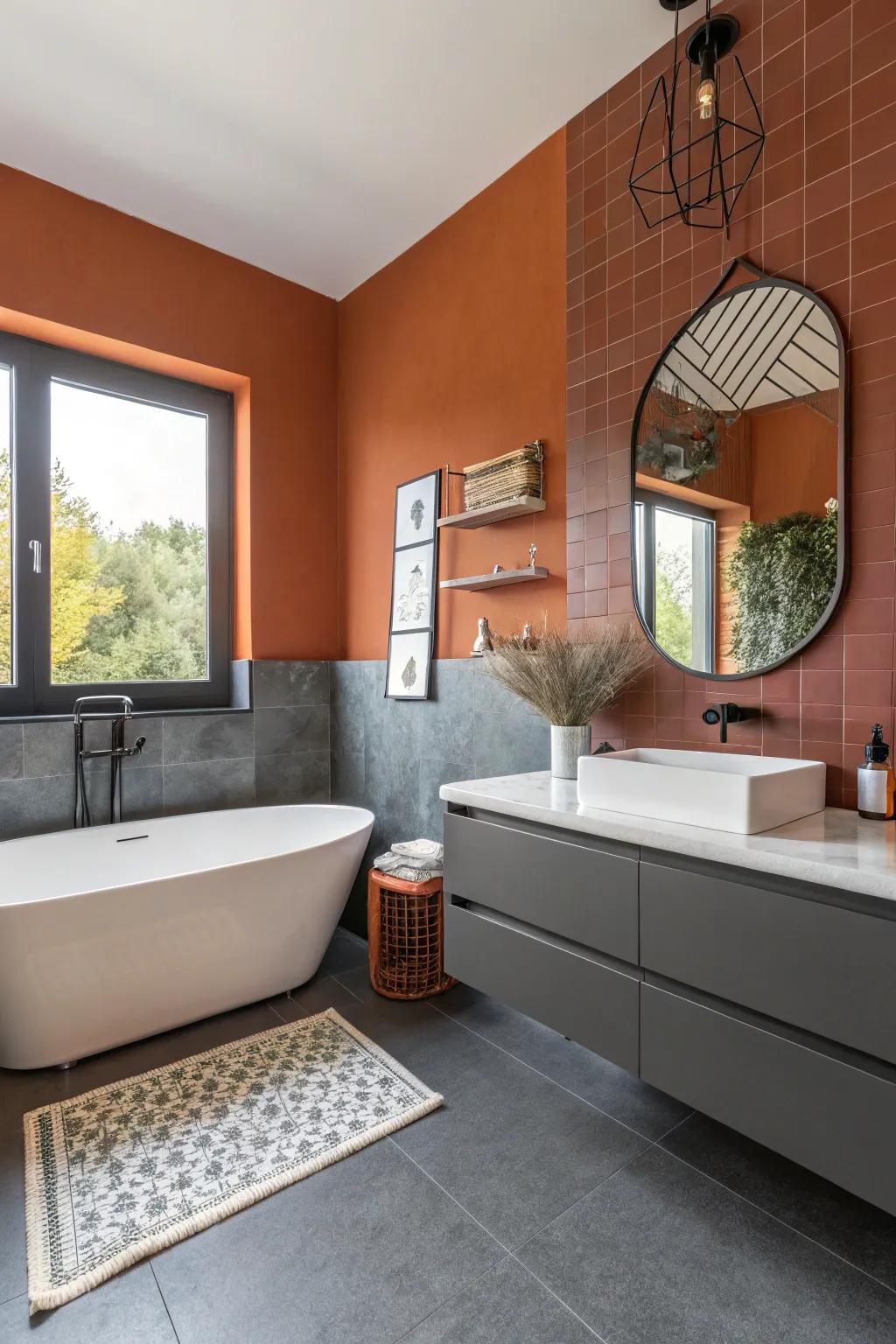 Burnt orange and grey create a sophisticated bathroom palette.